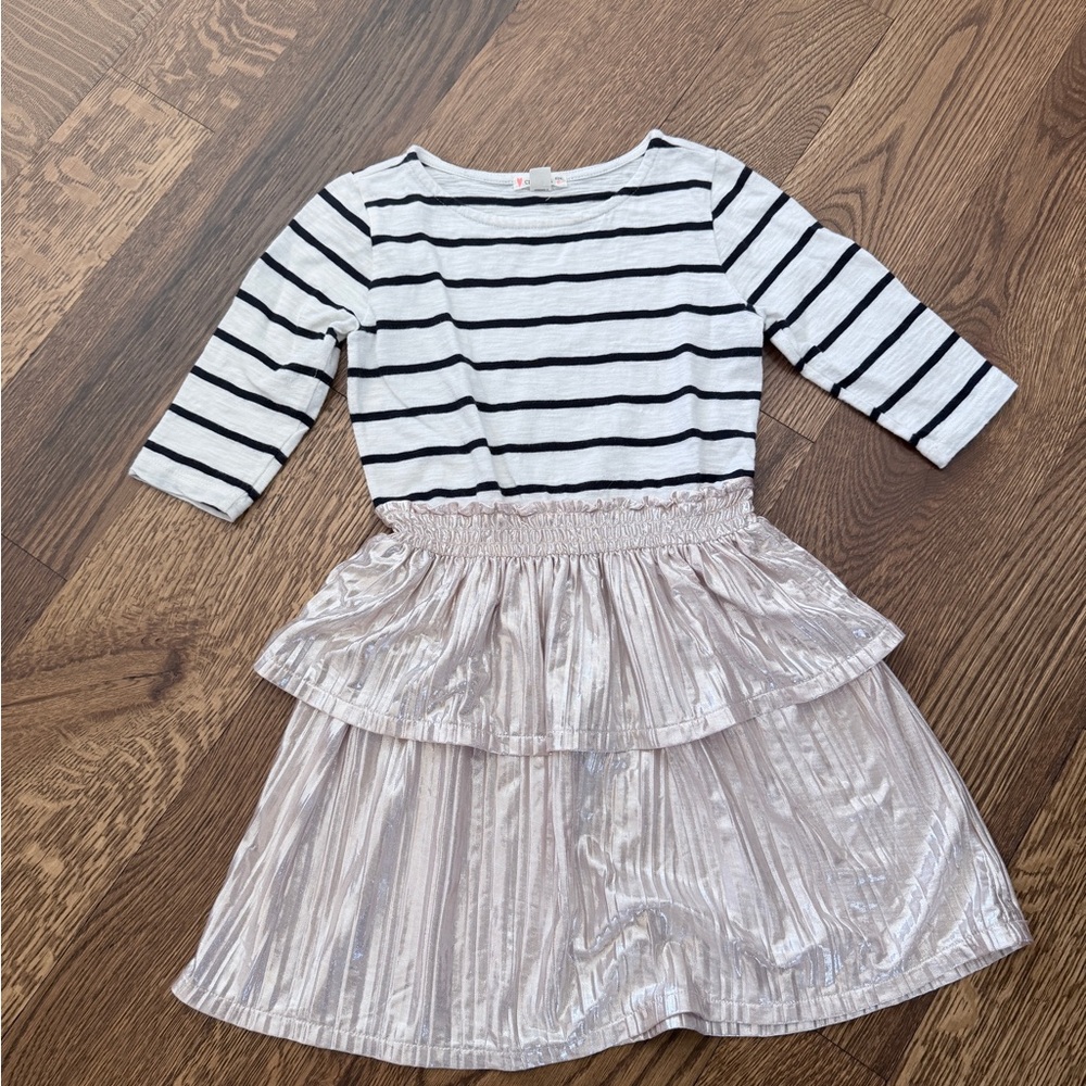 Crewcuts Dress: Navy-and-White Stripe/ with Metallic Rose Gold Tiers - size 6